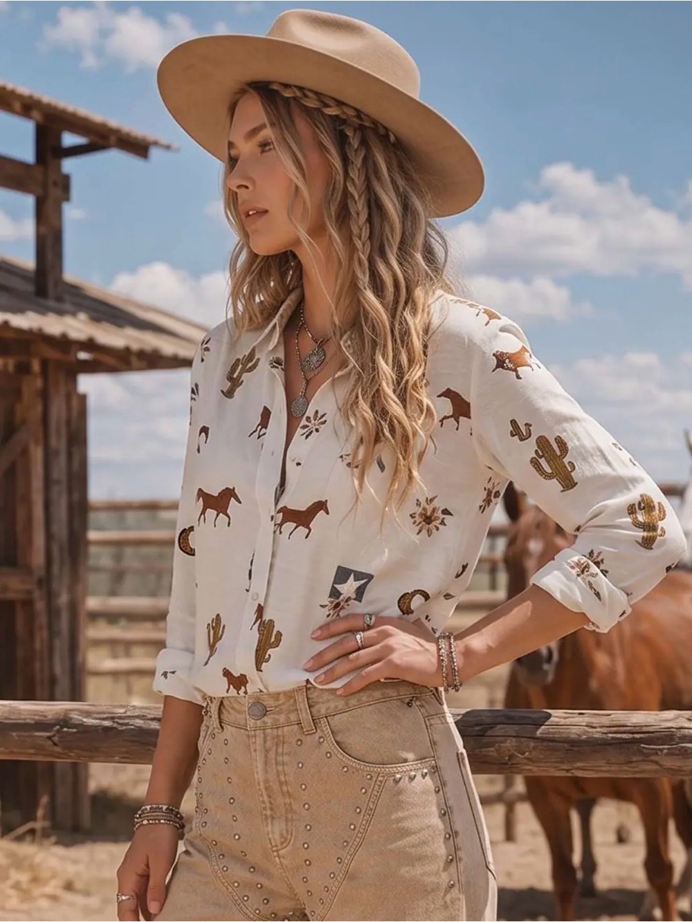 NWT Ivory Western Print Button-Down Shirt with Horse Star & Cactus Motif